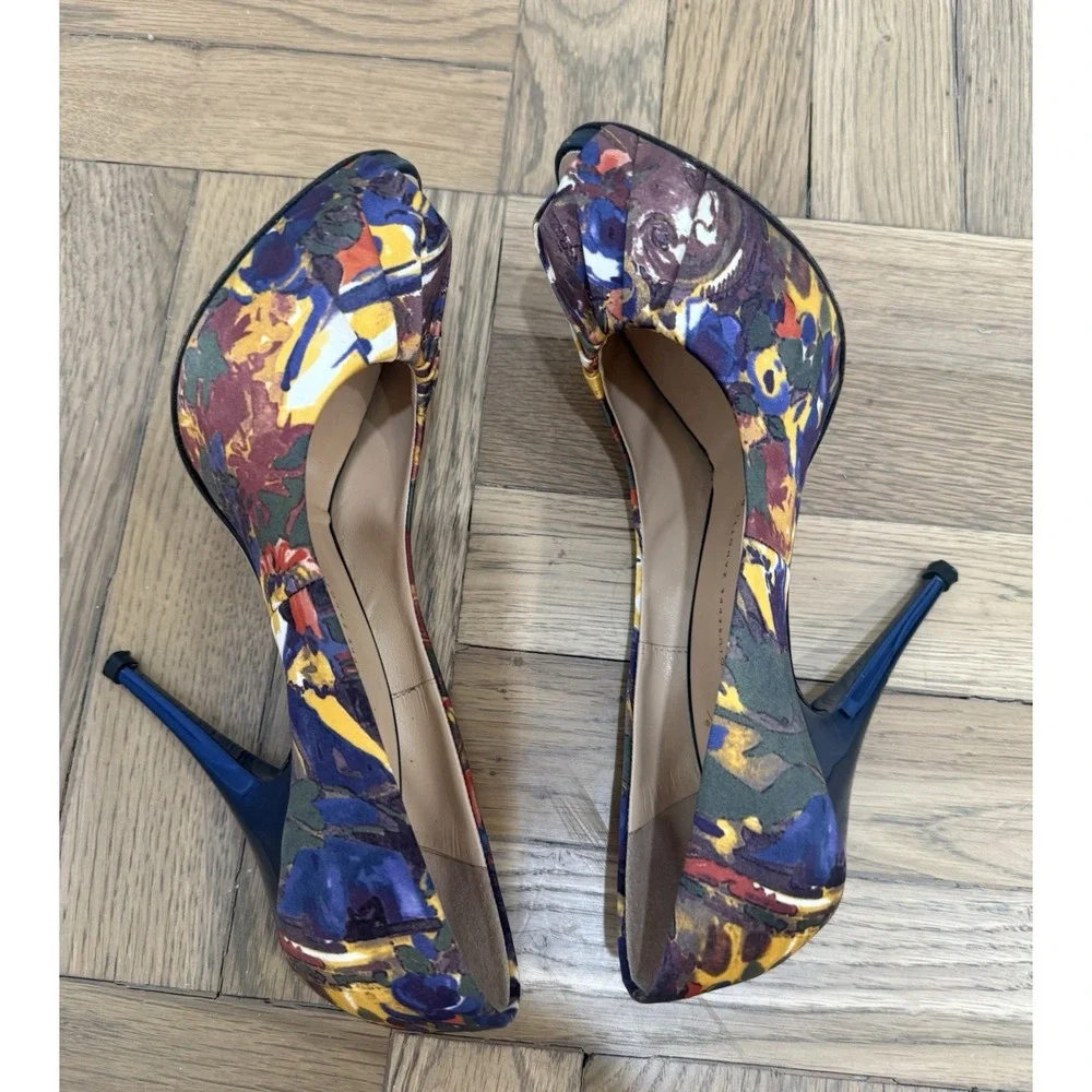 Giuseppe Zanotti Floral Silk Peep Toe Blue‎ Heels Pumps Size 9
